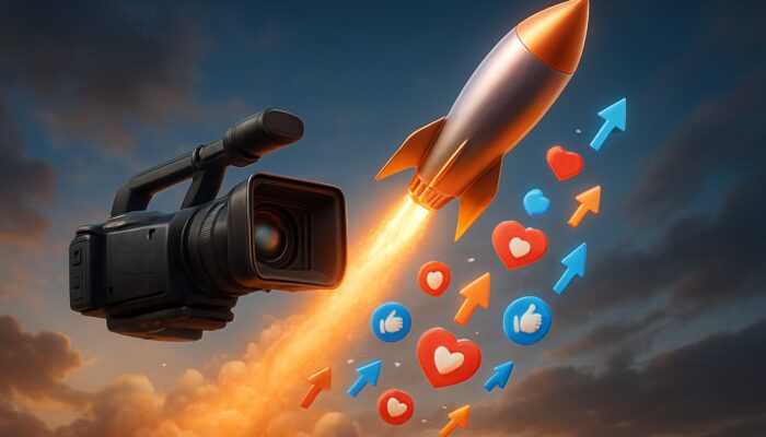 Video camera transforming into glowing rocket launching with social media icons and likes