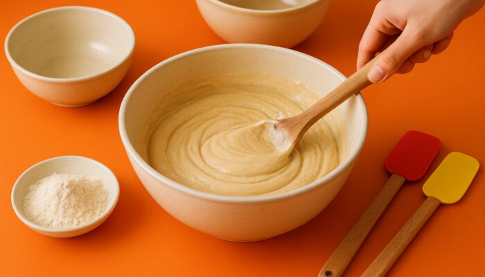 Vibrant kitchen counter featuring ceramic bowls, wooden spoons, and spatulas mixing healthy muffin batter.