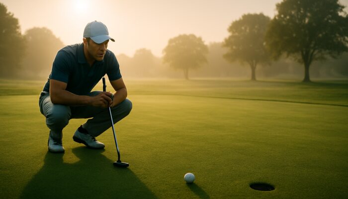 Concentrated golfer in a polo shirt positioning for a putt on a misty sunlit golf green