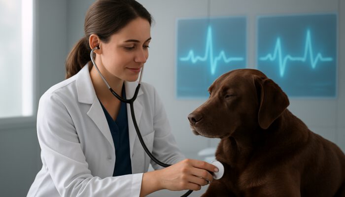 Veterinarian using a digital stethoscope on a calm dog with holographic heart rhythms in a clinic