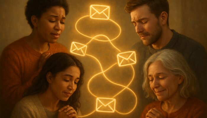 Diverse people connected by glowing email threads sharing heartfelt stories evoking community and brand bonds