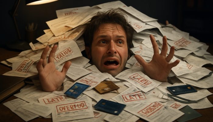 Individual overwhelmed by a chaotic pile of overdue bills and loan documents on messy desk
