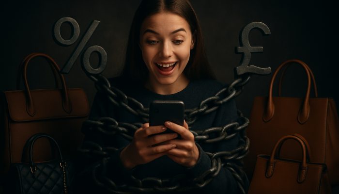 Young UK shopper using BNPL on phone surrounded by luxury bags as debt chains tighten.
