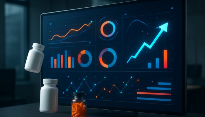 Digital dashboard illustrating supplement ad performance metrics with vibrant graphs and vitamin icons