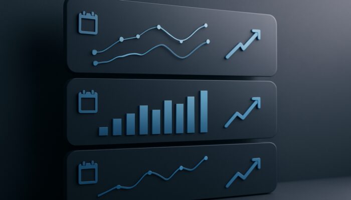 Sleek digital dashboard showcasing layered weekly, monthly, and quarterly supplement ad performance graphs with trend arrows.