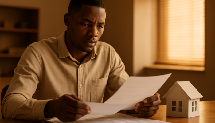 Determined South African applicant reviewing payslips and contracts for home loan at the bank.