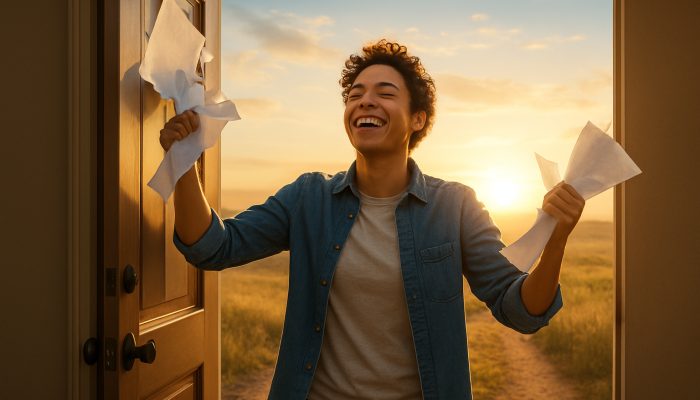 Planning Life After Monthly Debt Bills End: New Beginnings | DCL Relieved individual tearing up debt bills steps into a sunlit horizon, symbolising new beginnings.