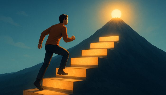 Planning Life After Monthly Debt Bills End: New Beginnings | DCL Individual ascending stepping stones labelled emergency fund and holiday savings towards financial independence.