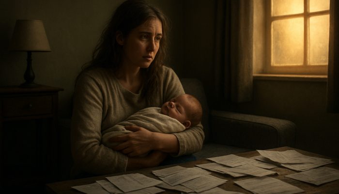 Bringing Together Debts After Maternity Leave | DCL Weary mother cradles newborn amid unpaid bills, gazing at glowing window symbolising financial fresh start.