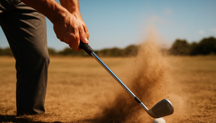 Golf Stinger Shot: Close-up of golfer's hands gripping club for low stinger shot on dusty Johannesburg fairway