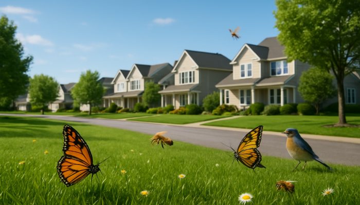 A charming Ilchester neighbourhood featuring vivid lawns, butterflies, bees, and songbirds under clear skies.