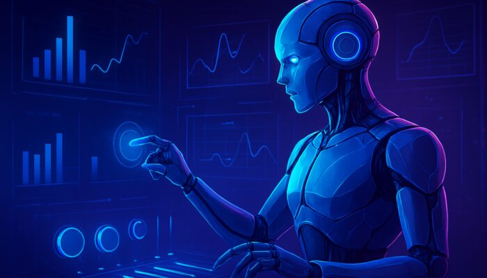 Cybernetic bot fine-tuning holographic optimization sliders amid data graphs in neon control room