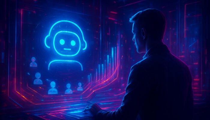 Futuristic cyberpunk analyst studying holographic chatbot engagement charts with fading user drop-off icons in neon control room.