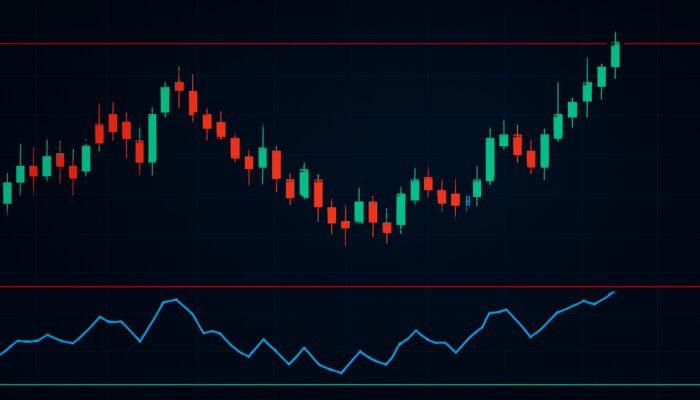 RSI chart with overbought above 70 and oversold below 30 amid green-red candlesticks