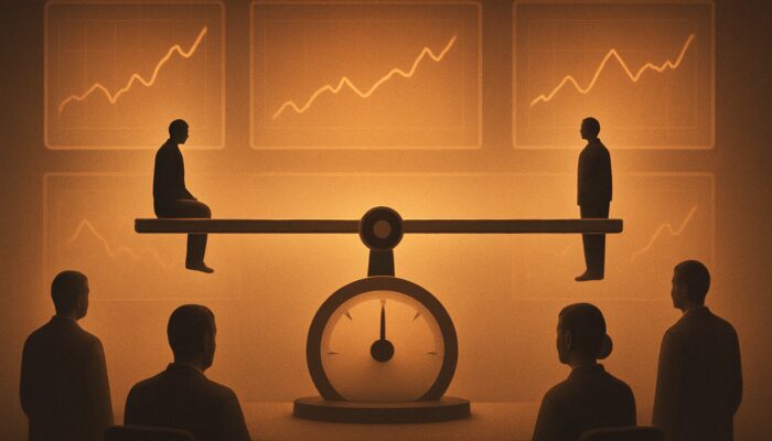Tranquil trading floor with balanced seesaw, neutral RSI at 50, and calm price charts.