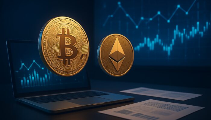 Digital workspace displaying floating Bitcoin, Ethereum coins, tax forms, and glowing blockchain charts for crypto tax reporting.
