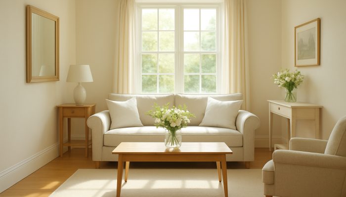 Bright and pristine Martock cottage interior showcasing gleaming floors, fresh flowers, and crisp linens after professional cleaning.