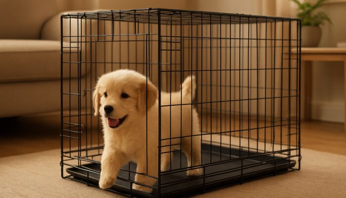 Fluffy puppy happily entering cosy wire crate with smooth sliding doors in warm home.