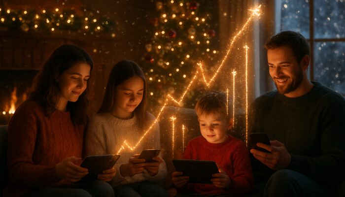 Inviting Christmas living room with families streaming videos amidst rising engagement metrics and falling snow.