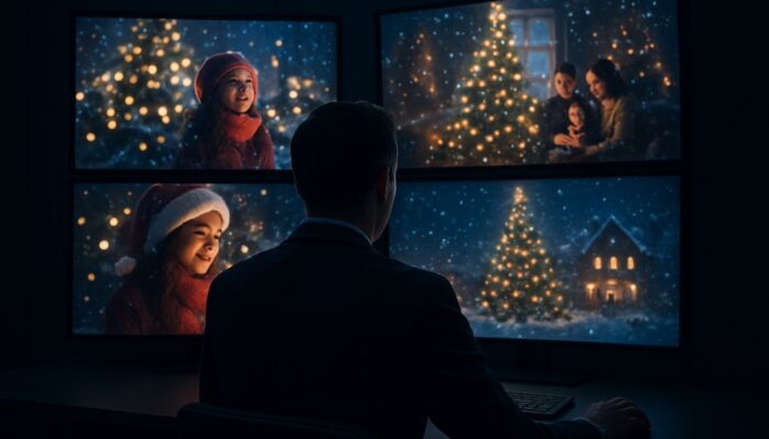 Strategist reviewing competitor holiday video campaigns and performance metrics on illuminated screens in a dimly lit room.