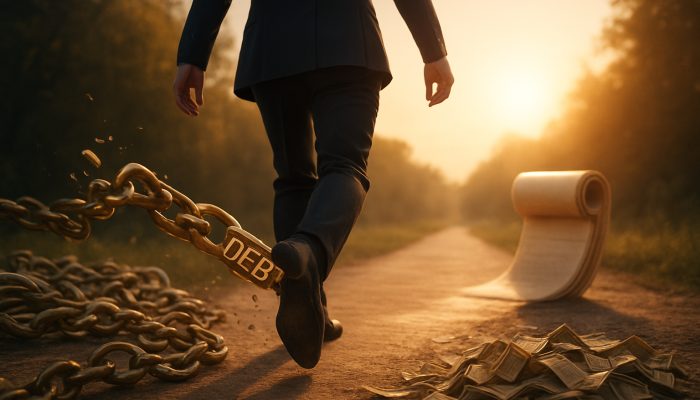 How to Avoid Repeat Debt After Combining Bills | DCL Person shattering golden debt chains while stepping onto a sunlit path of financial freedom