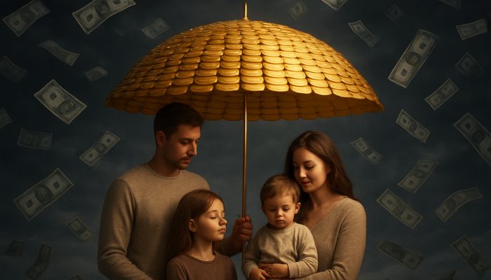 How to Avoid Repeat Debt After Combining Bills | DCL Family under glowing gold coin umbrella shielding from dark storm clouds of unexpected bills, symbolizing emergency savings.
