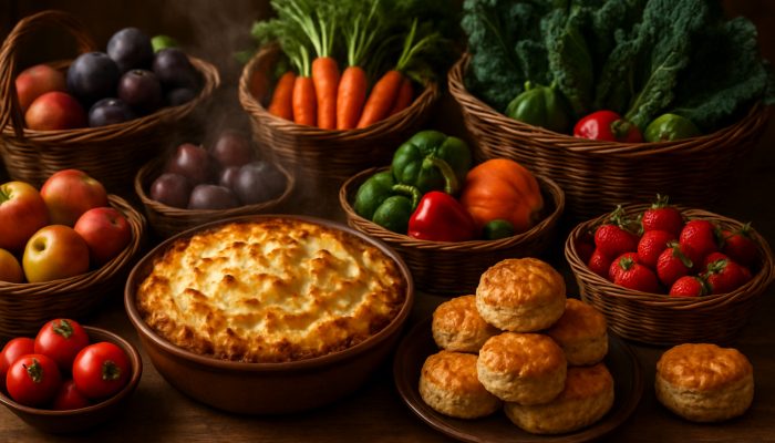Celebrating Milestones Safely and Economically: UK Tips | DCL Rustic table adorned with steaming shepherd’s pie, golden scones, and baskets filled with British seasonal fruits and vegetables.