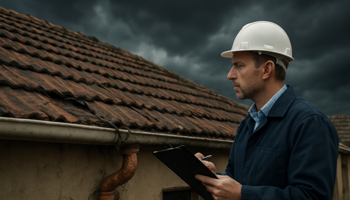Professional inspector evaluating cracked roof and exposed wires on an older South African home in Springs under a stormy sky.