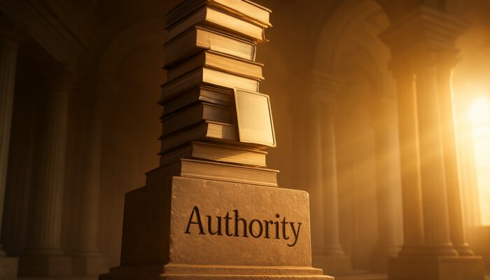 Granite cornerstone engraved "Authority" supporting a pillar of books in golden sunrise light.