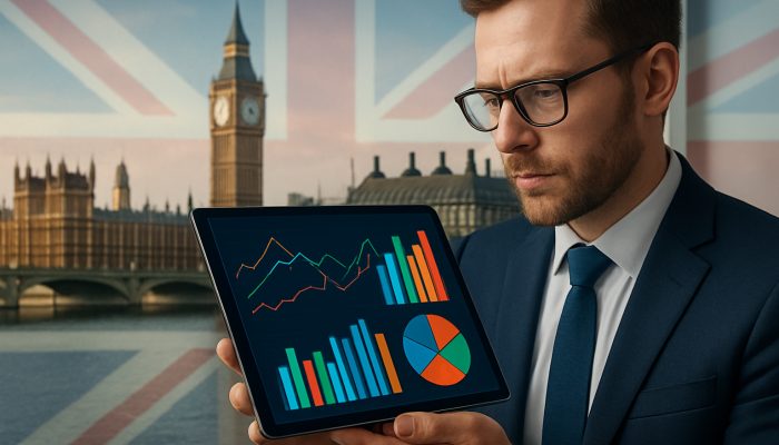 British analyst reviews colourful finance charts on tablet with London skyline and Union Jack motifs