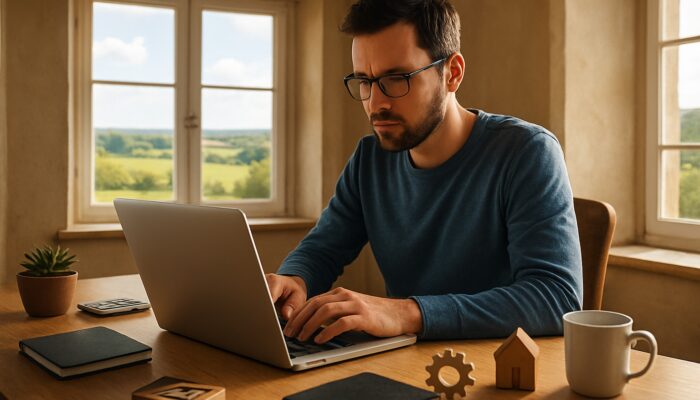 Writer composing blog posts on laptop in sunny Patchway cottage with Gloucestershire countryside views and small business icons