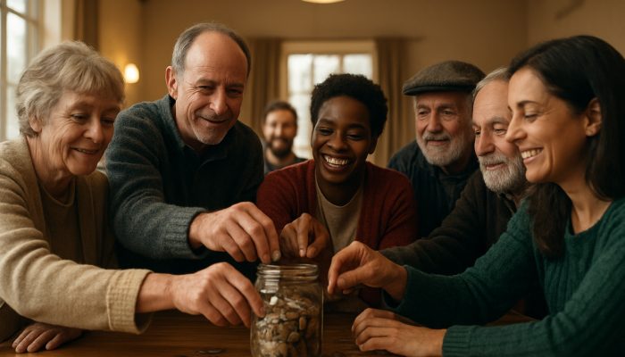 Diverse Welsh villagers pooling coins at credit union savings meeting in a cosy hall.